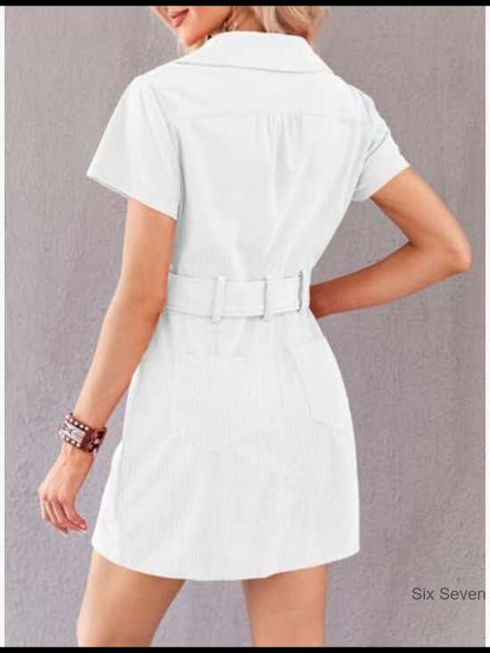 Corduroy Mini Dress with Zip Front and Belt - Picture 3 of 7